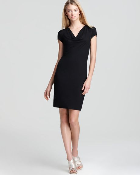 Three Dots Pleated Cap Sleeve Cowl Dress in Black | Lyst