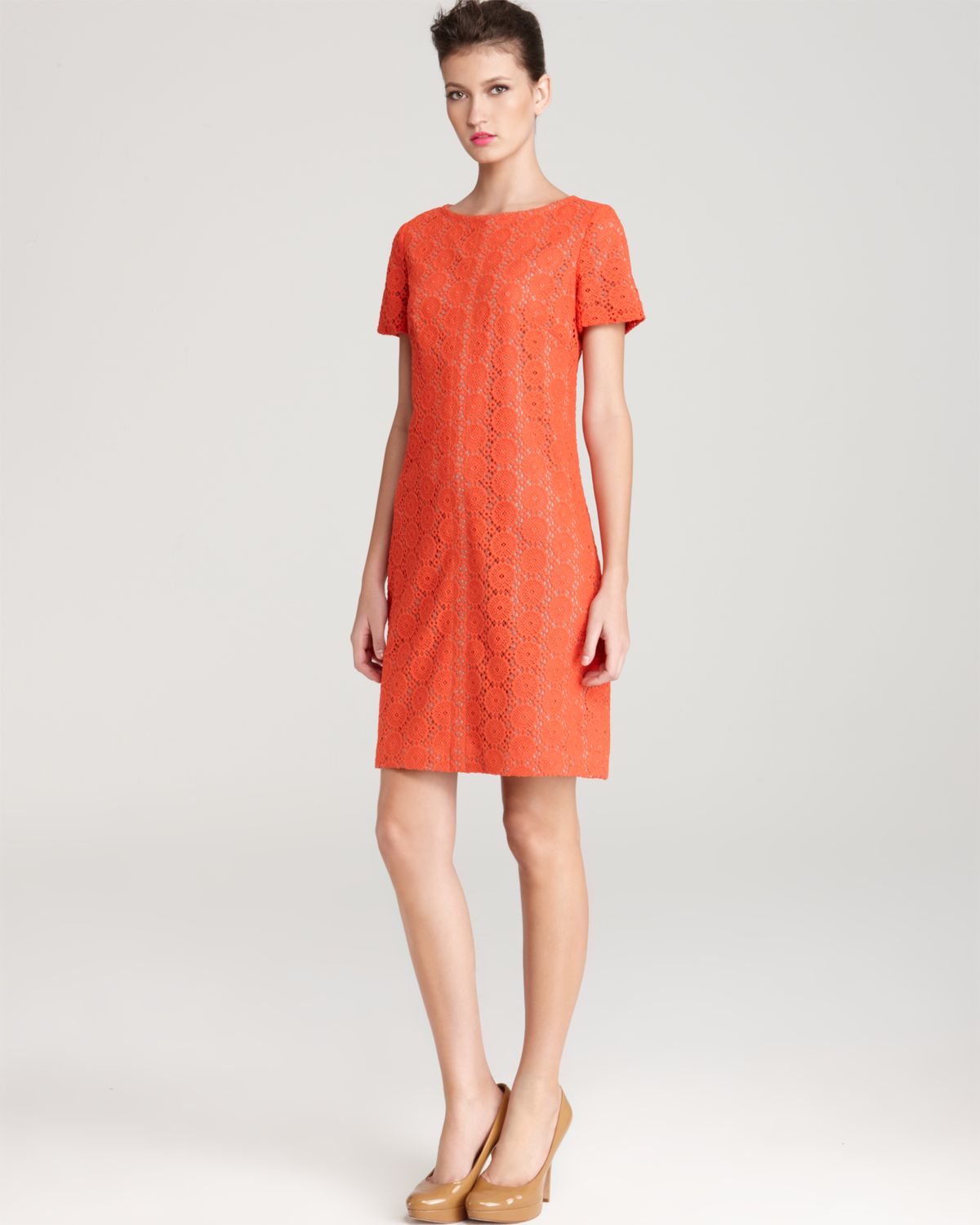 Anne klein Dress Short Sleeve Lace Shift Dress in Orange | Lyst