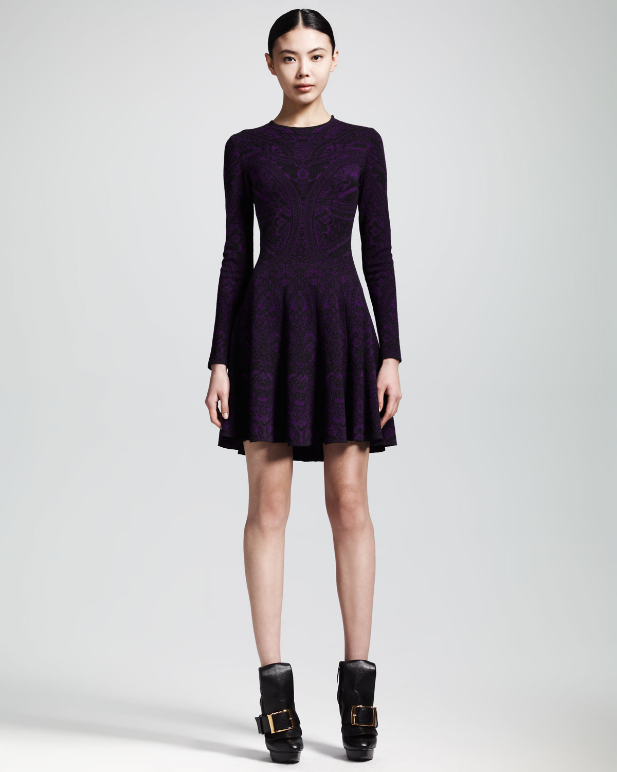 Lyst - Alexander Mcqueen Lace Jacquard Longsleeve Circle Dress in Purple