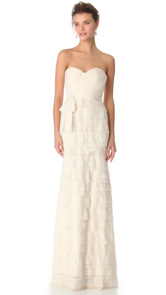 Lyst Badgley Mischka Strapless Lace Gown In Natural Gallery