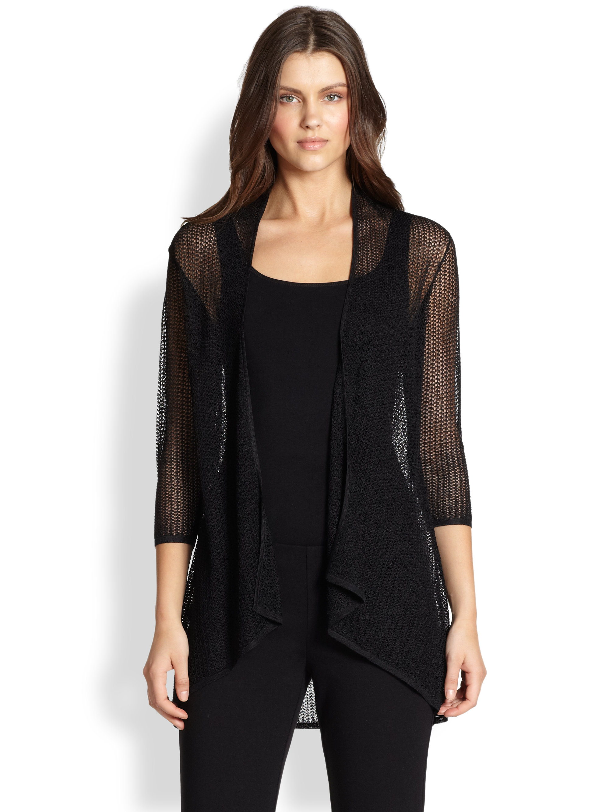 Lyst - Eileen Fisher Long Mesh Cardigan in Black