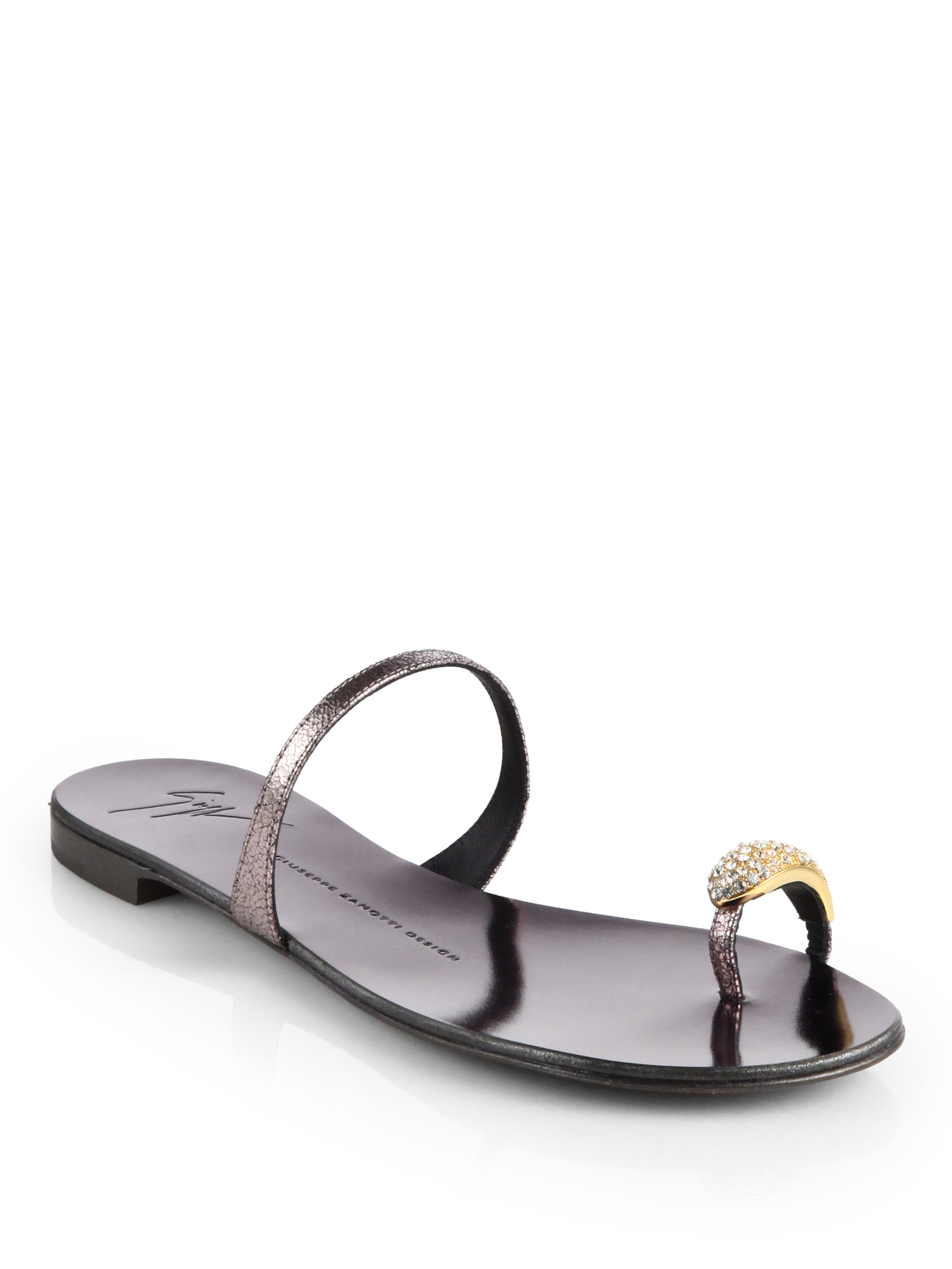 Giuseppe Zanotti Crystal Toe Ring Metallic Leather Sandals in Black - Lyst