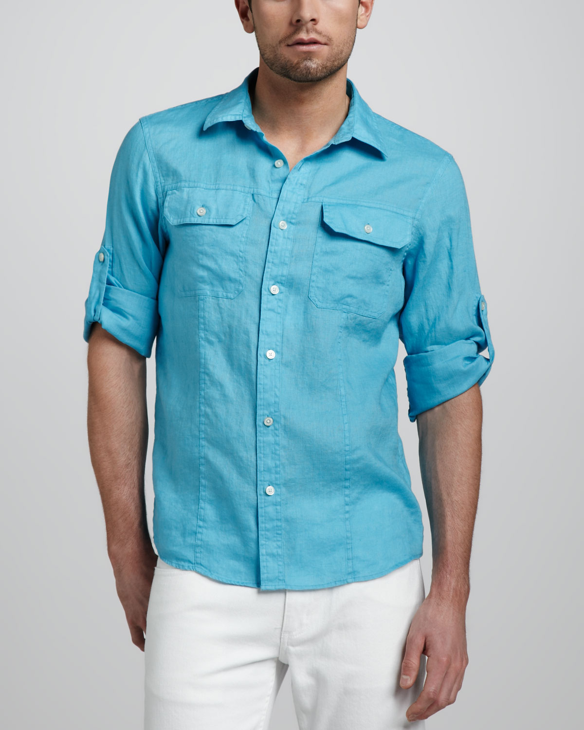 Lyst - Michael Kors Twopocket Linen Shirt Turquoise in Blue for Men