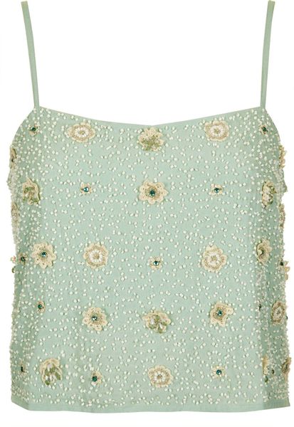 Topshop Floral Bead Crop Cami in Green (Mint) | Lyst