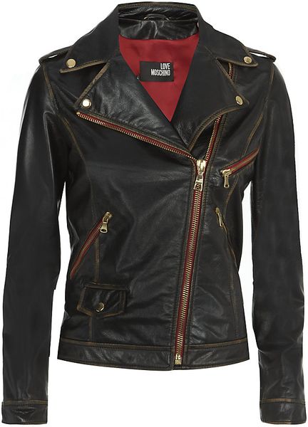 Love Moschino Worn Leather Jacket in Black (gold) | Lyst