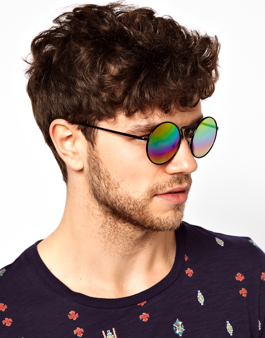 Lyst - Asos Round Sunglasses with Multi Colour Mirror Lens in Black for Men