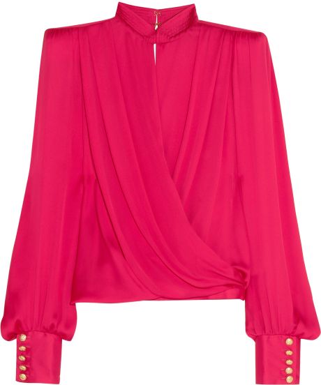 Balmain Silk satin Wrap Top in Pink | Lyst