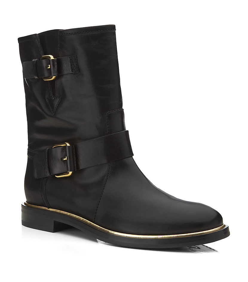 Casadei Flat Leather Biker Boot with Side Buckles in Black | Lyst