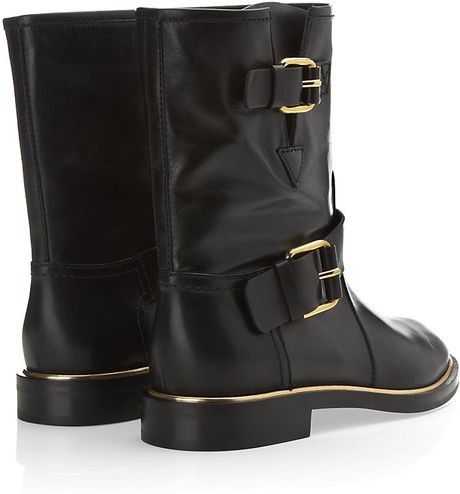 Casadei Flat Leather Biker Boot with Side Buckles in Black (gold) | Lyst