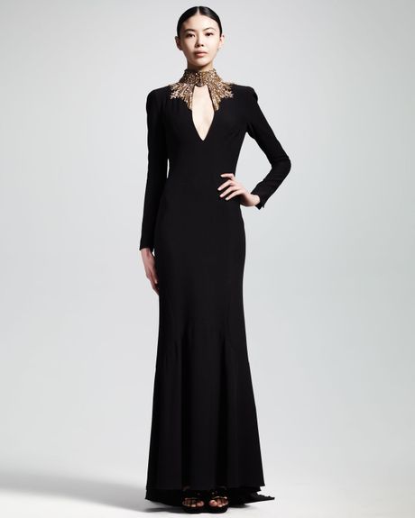 Alexander Mcqueen Womens Embroidered Longsleeve Crepe Gown in Black | Lyst