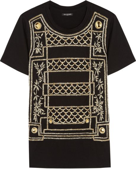 Balmain Embellished Cotton Tshirt in Black | Lyst