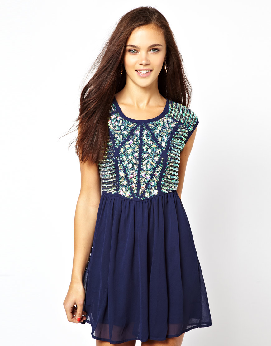 River island Heavily Embellished Dress with Chiffon Skirt in Blue | Lyst