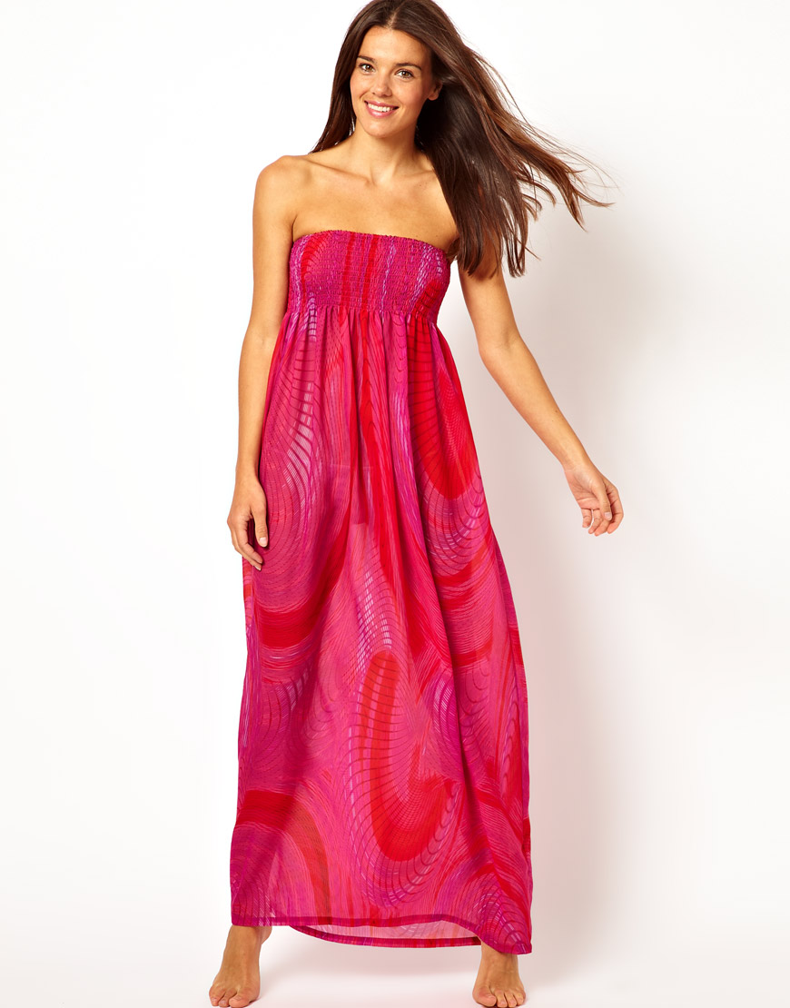 Lyst  Asos Swirl Print Bandeau Maxi Beach Dress in Pink