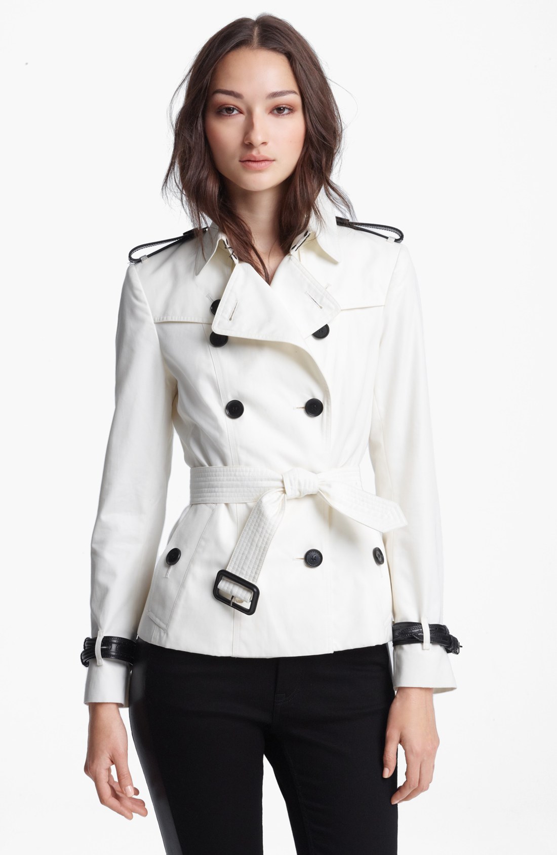Burberry Belted Leather Trim Gabardine Jacket in White (Optic White) | Lyst