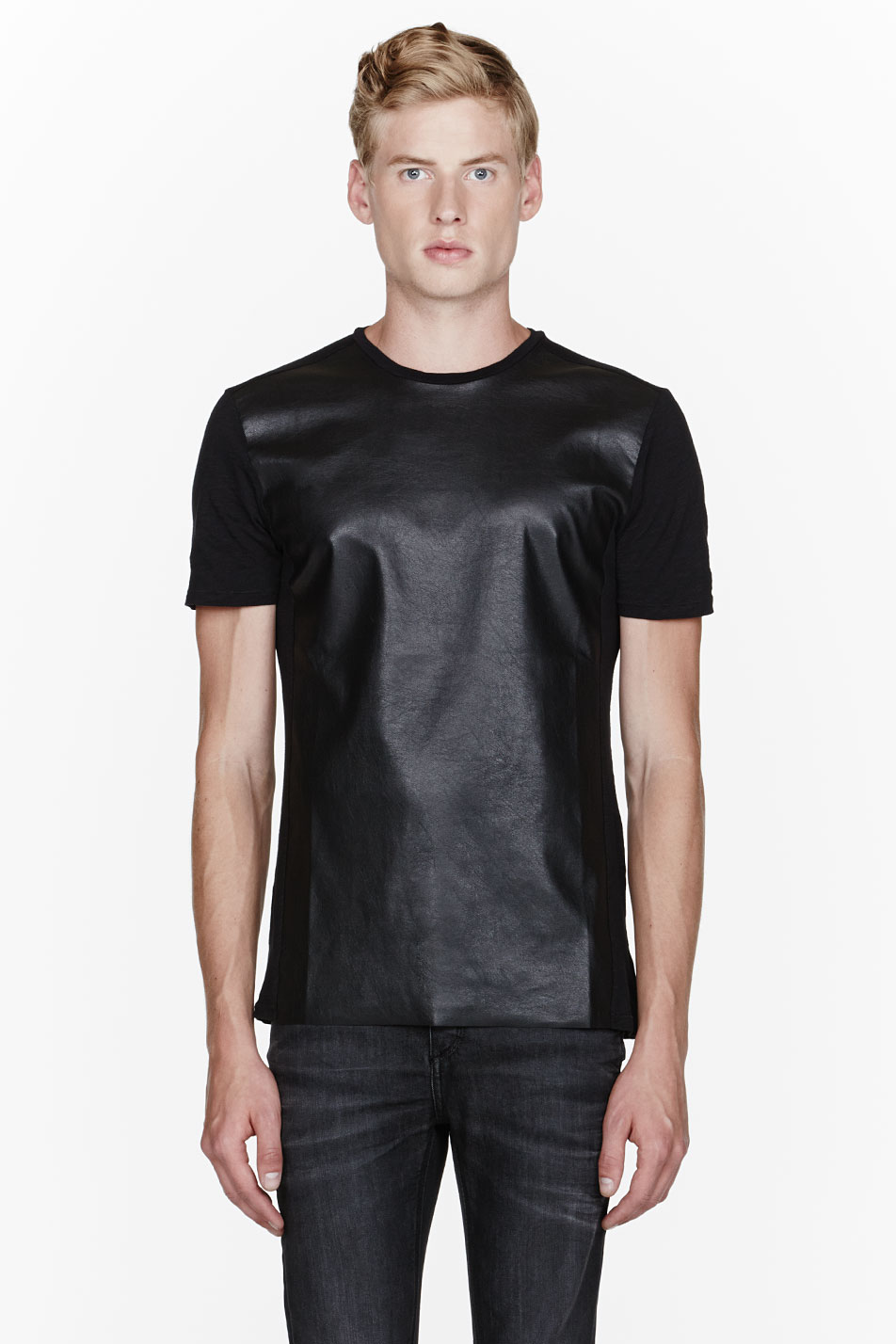 Download Lyst - Neil barrett Black Mock Leather Paneled Tshirt in ...