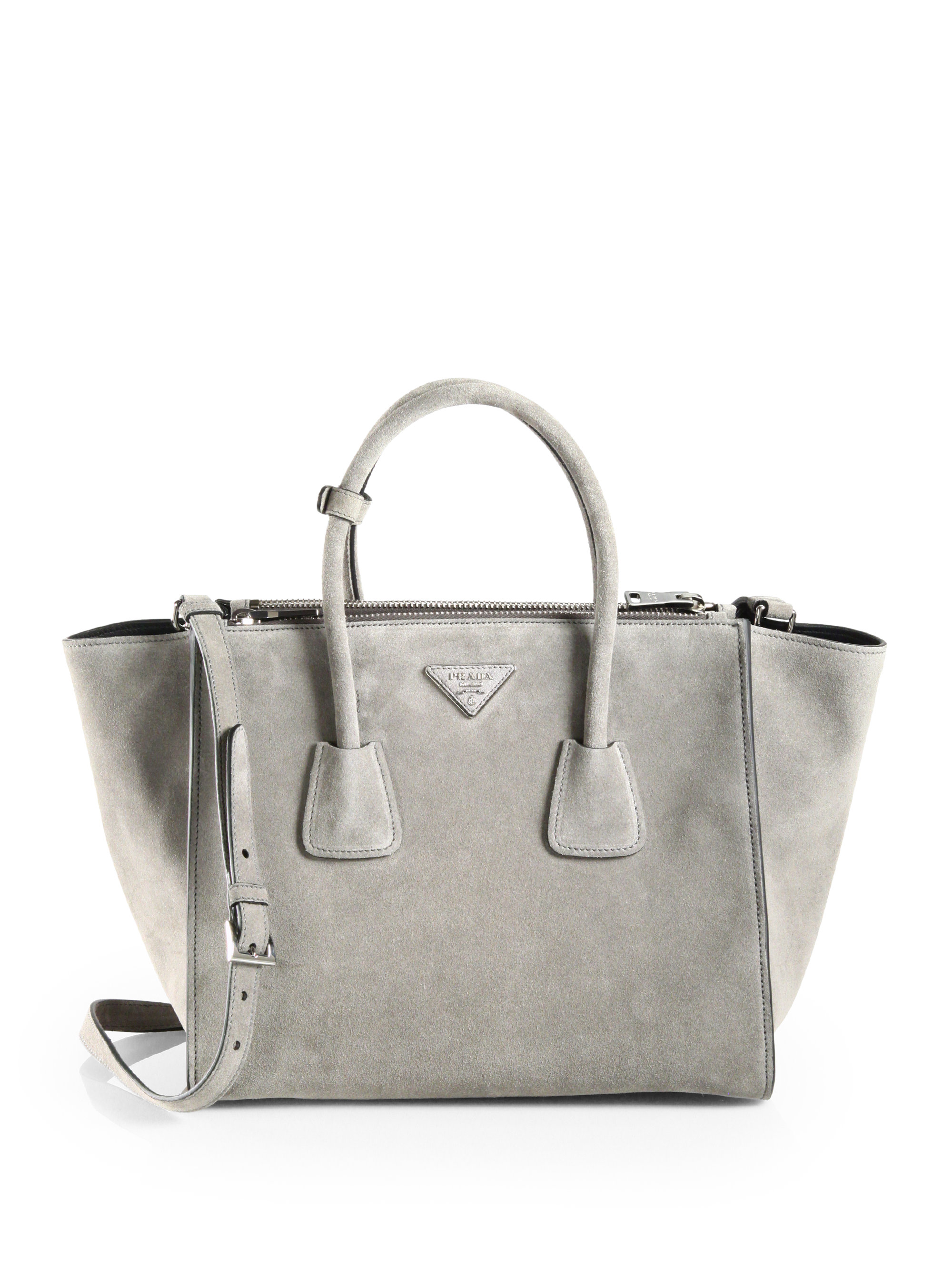 popular purse - Prada Suede Twin Pocket Tote in Gray (ACCIAIO-GREY) | Lyst