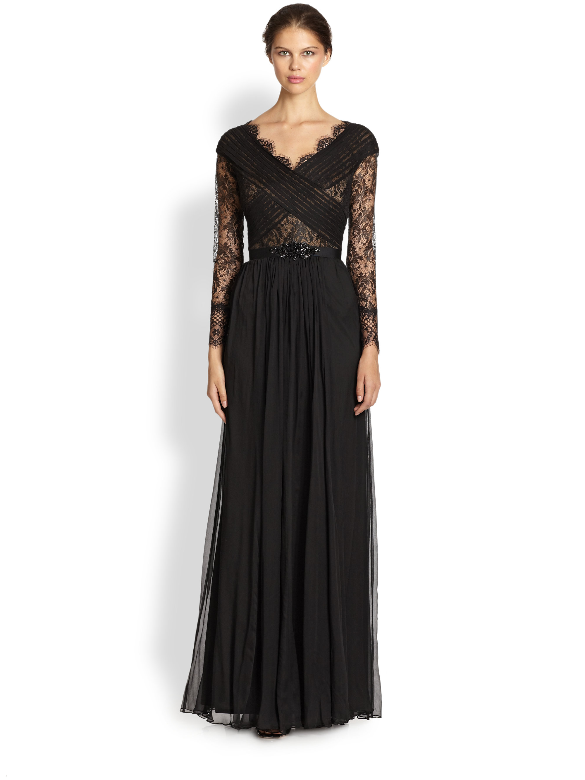 Tadashi shoji Belted Lace Silk Chiffon Dress in Black | Lyst