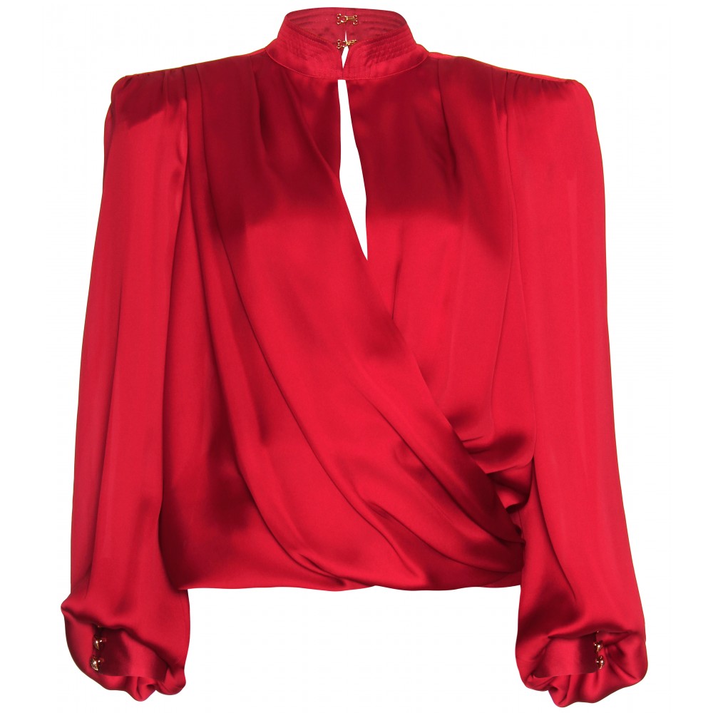Lyst - Balmain Wrap-effect Silk Top in Red