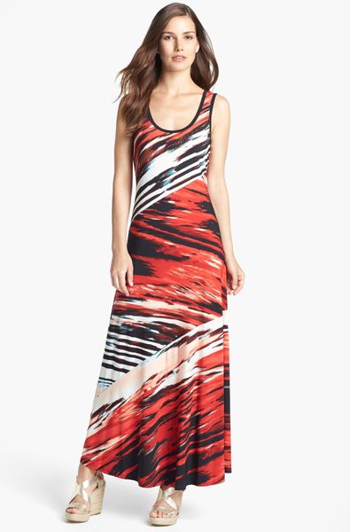 Calvin Klein Bias Cut Maxi Dress in Multicolor (Tango/ Capri Multi) | Lyst