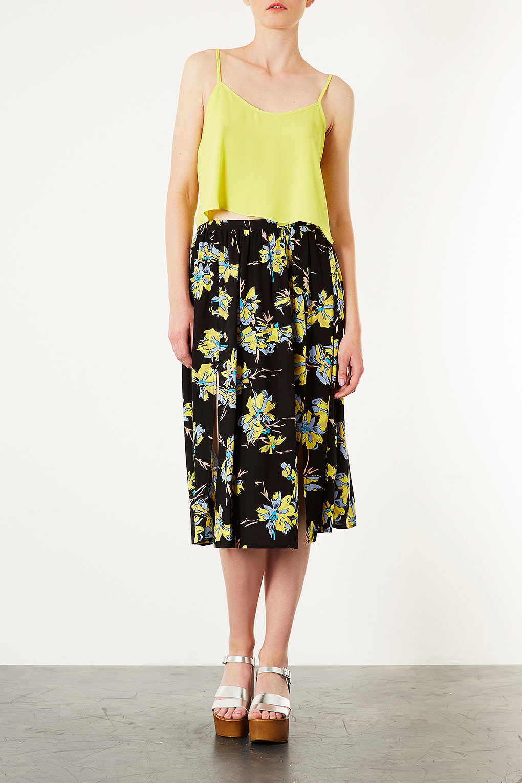 Lyst - Topshop Dark Floral Midi Skirt in Yellow