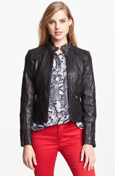 Guess Chain Trim Leather Bomber Jacket in Black | Lyst