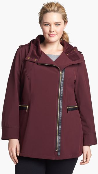 Michael Michael Kors Hooded Faux Leather Trim Soft Shell Jacket in ...