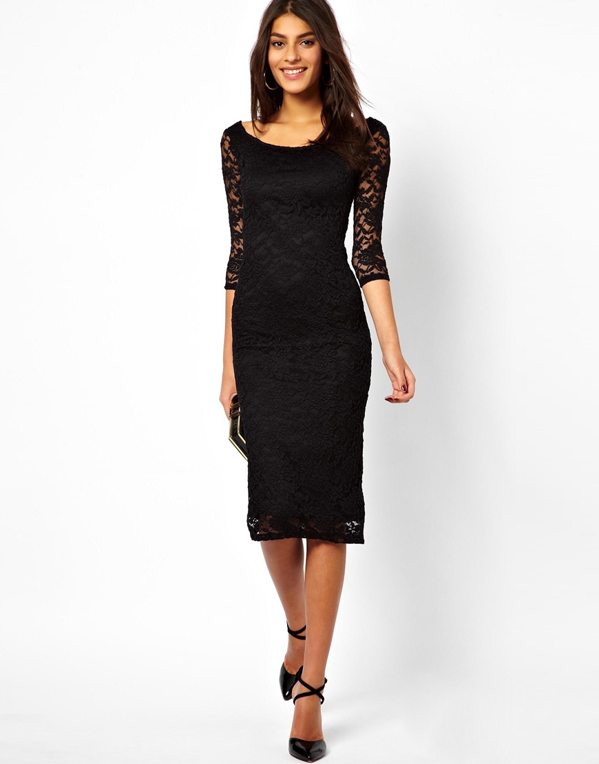 Lyst - Asos Bardot Lace Midi Dress in Black