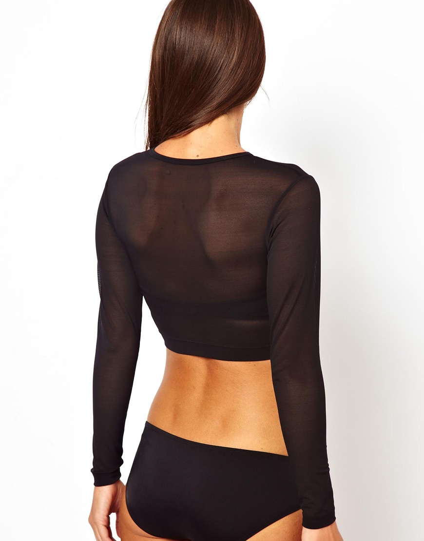 Asos Long Sleeve Mesh Crop Bikini Top In Black Lyst 2475