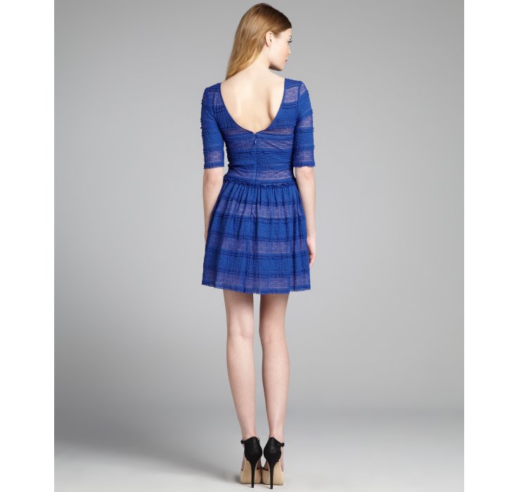Lyst - Bcbgmaxazria Royal Blue Lace Fitted Sleeve Ruffle Trimmed Loue ...