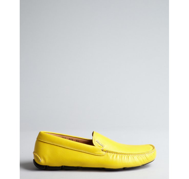 Lyst Prada Yellow Textured Leather Square Moc Toe Loafers in Yellow
