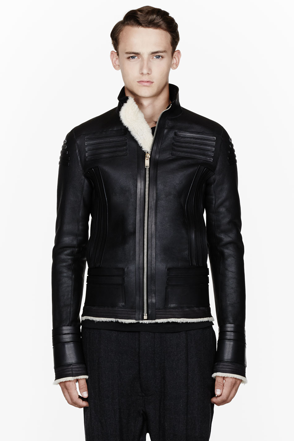 Lyst - Rick owens Black Leather and Shearling Slatted Biker Jacket in ...