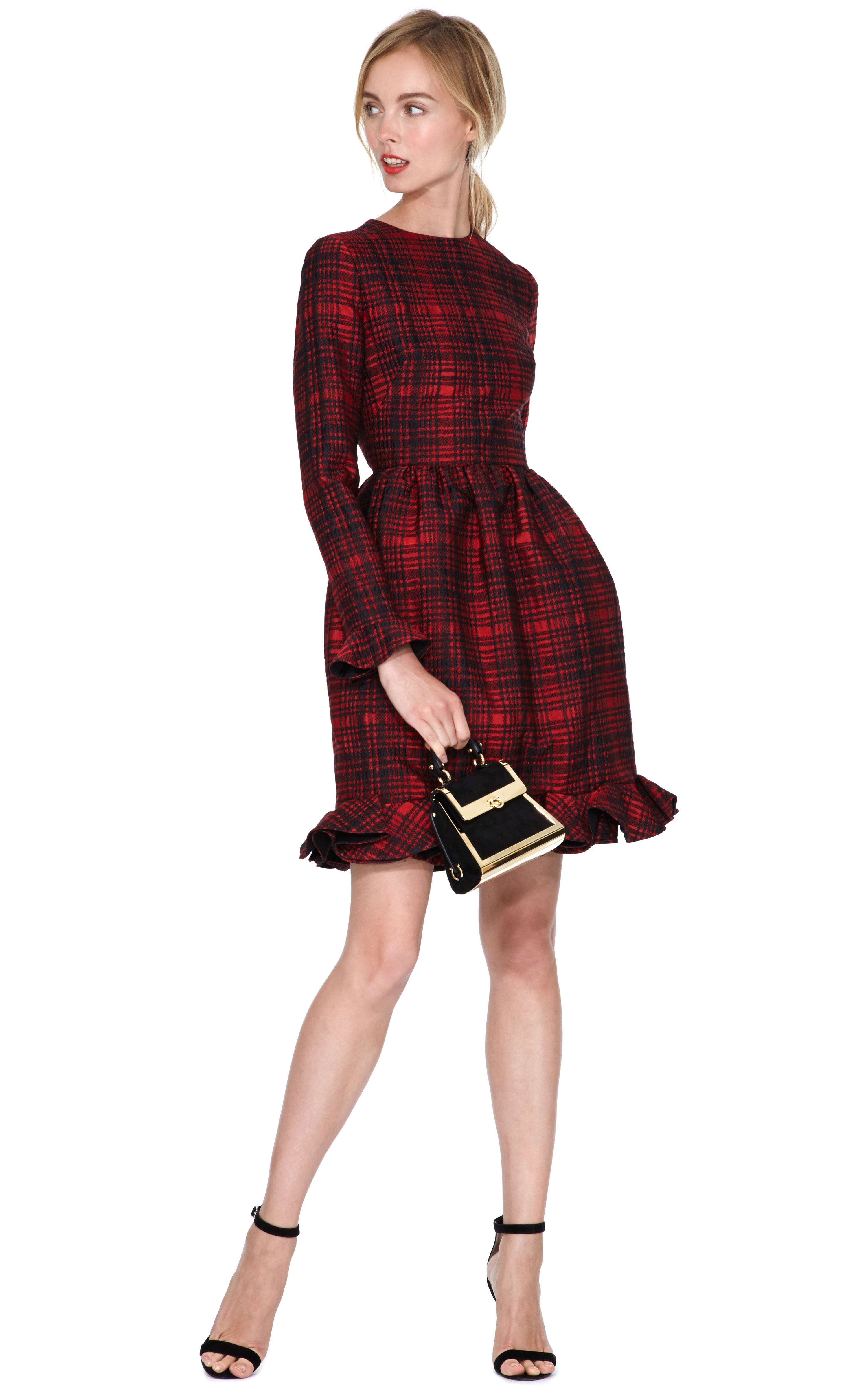 Lyst - Valentino Plaid Long Sleeve Dress with Voulant Cuff and Hem in Red