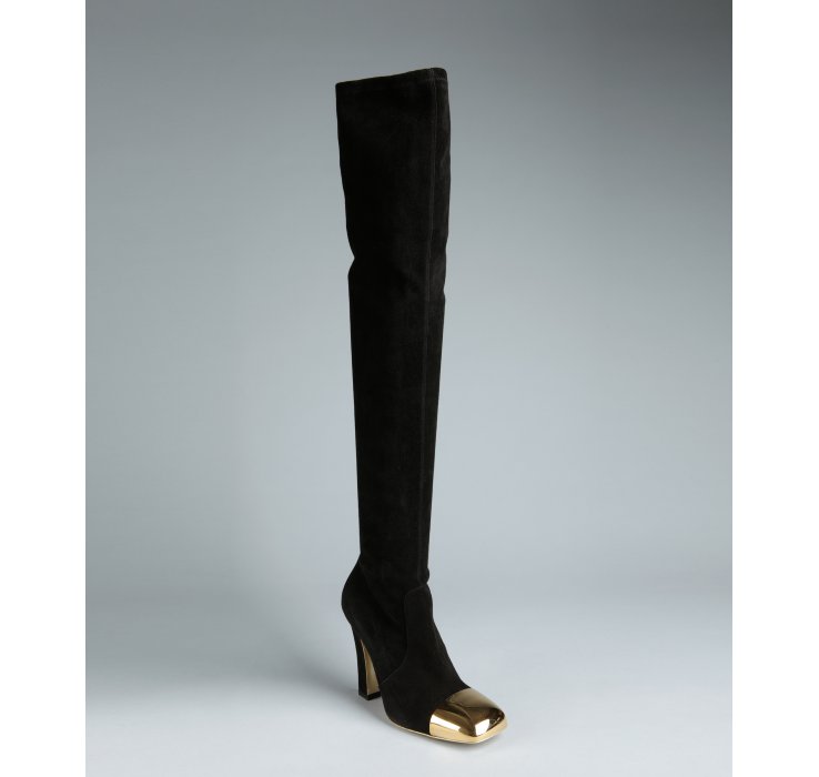 Lyst - Saint Laurent Suede Gold Cap Square Toe Tall Boots in Black