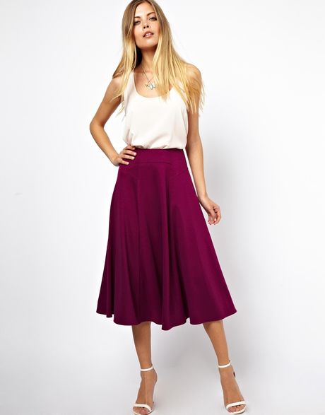 Asos Midi Skirt with Stitch Waist Detail in Purple (Magenta) | Lyst