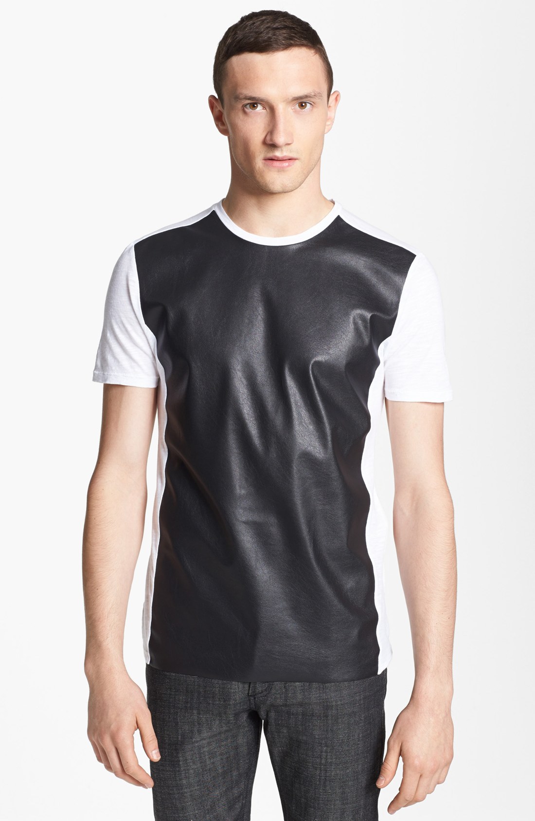 Neil barrett Leather Panel Crewneck Tshirt in Black for Men | Lyst