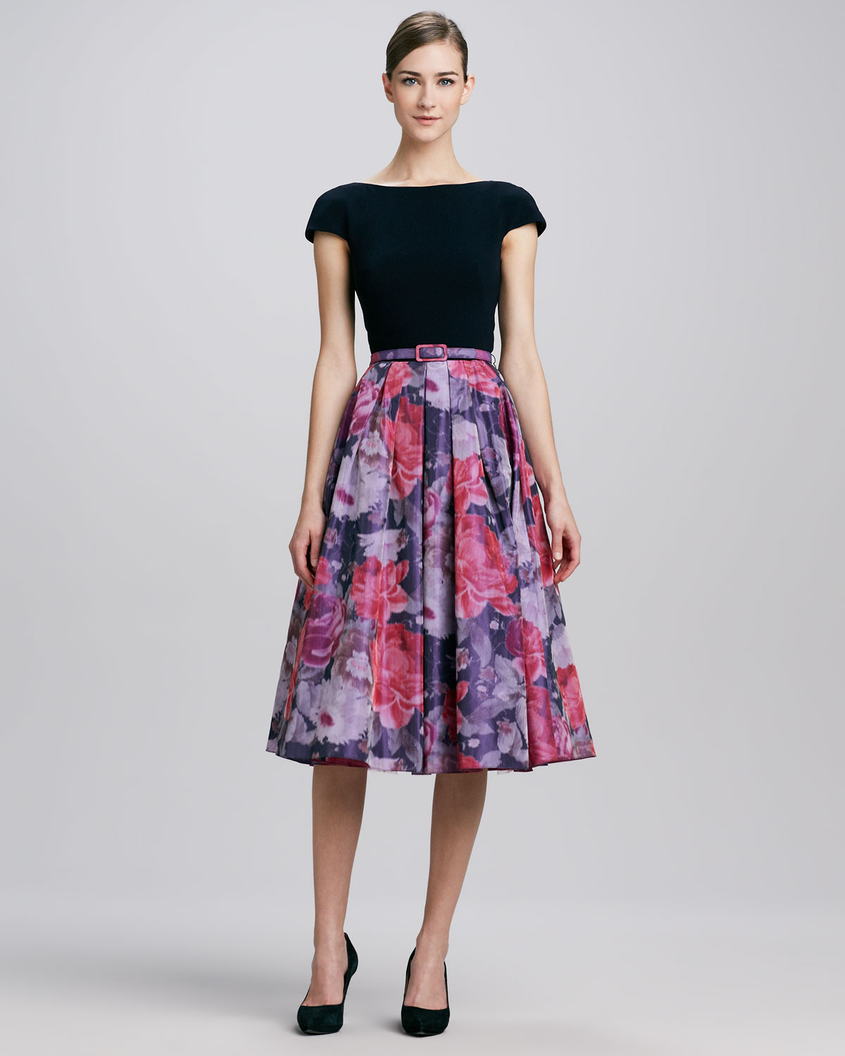Theia Floral Fullskirt Combo Cocktail Dress in Purple  Lyst