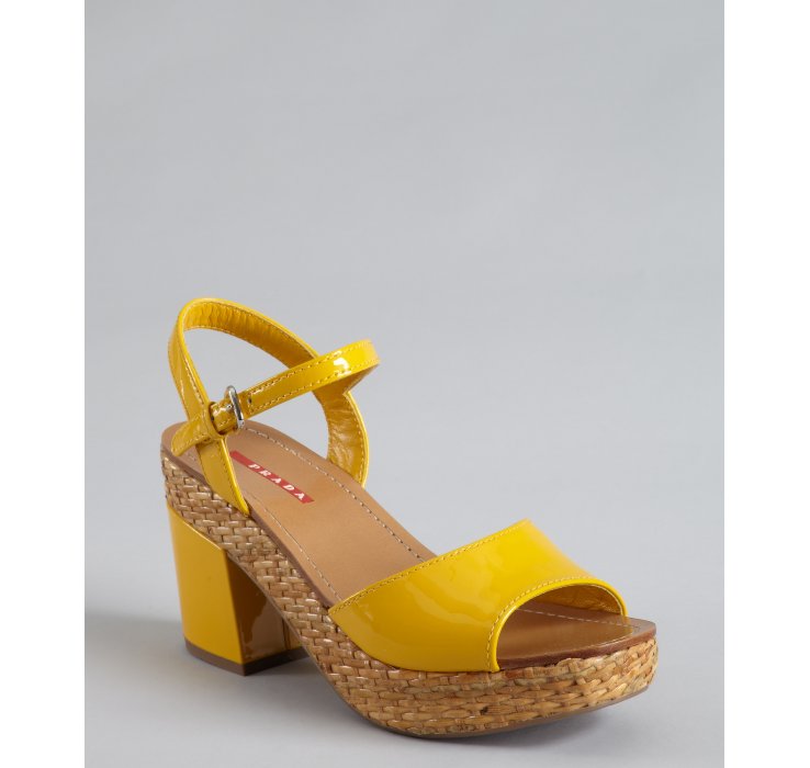 Lyst - Prada Patent Leather and Jute Stacked Heel Sandals in Yellow