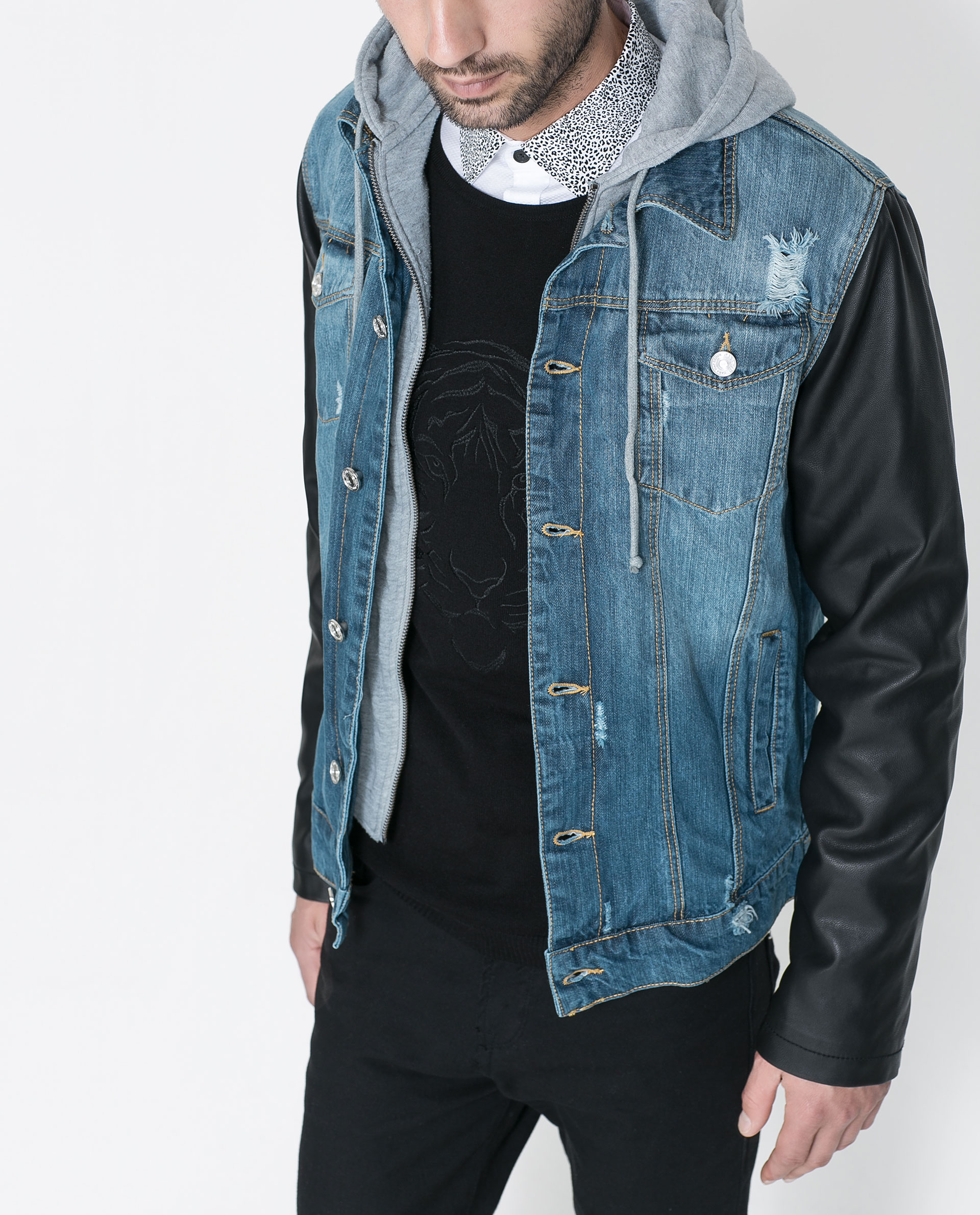  Zara Denim Jacket  with Faux Leather Sleeves in Blue for 