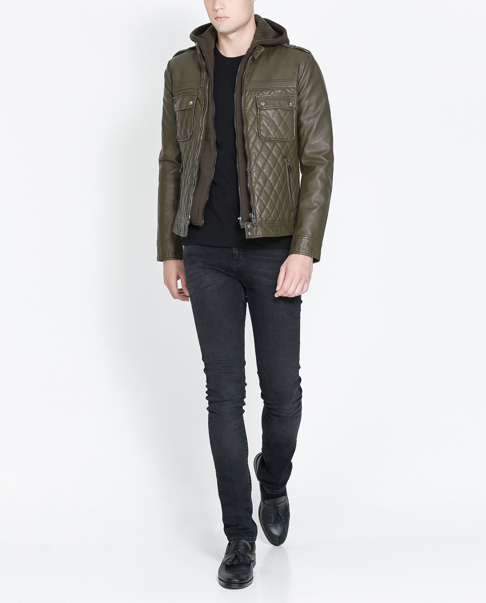 Zara Faux Leather Jacket with Circular Hood in Green for Men (Khaki) | Lyst