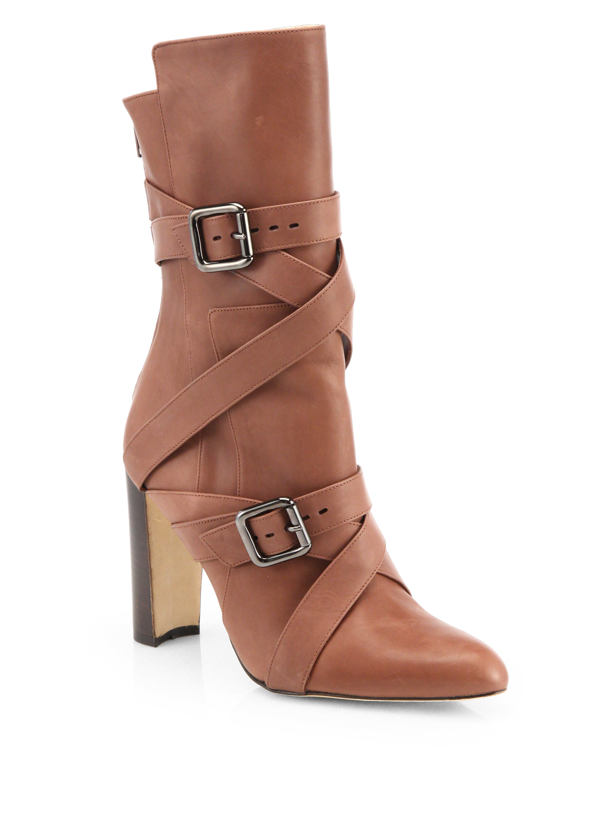 Manolo blahnik Strappy Leather Mid-Calf Boots in Brown | Lyst