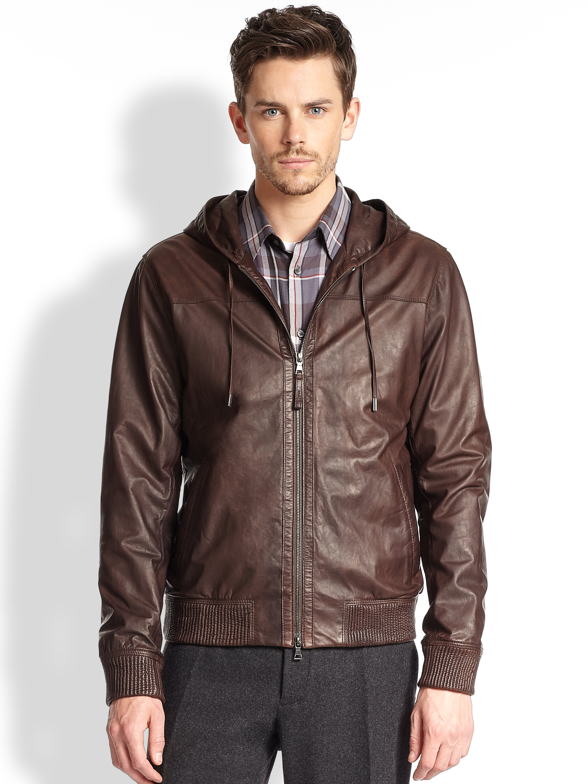 Lyst Vince Hooded Leather Jacket In Brown For Men Gallery