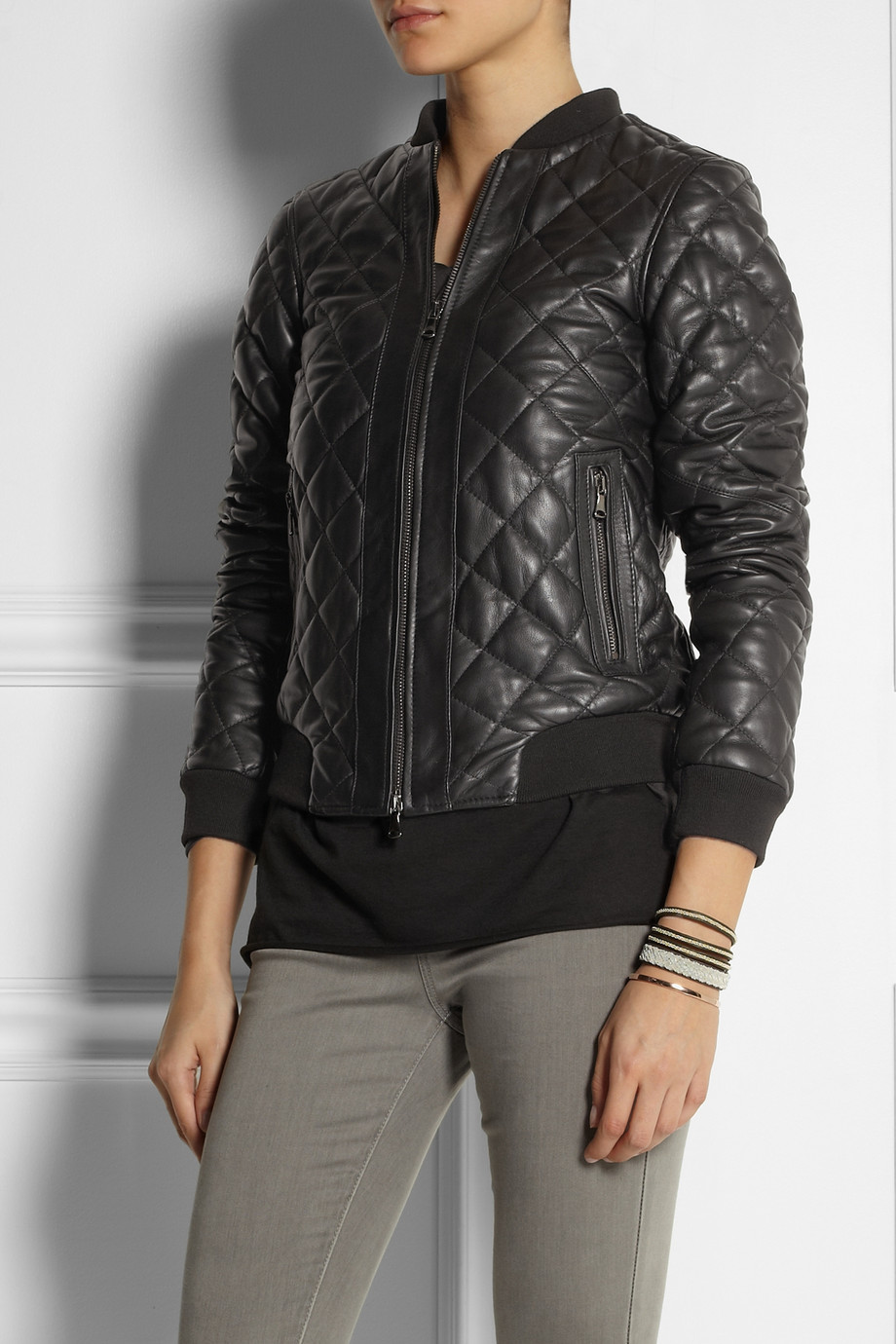 Lyst Lot78 Quilted Leather Bomber Jacket in Black