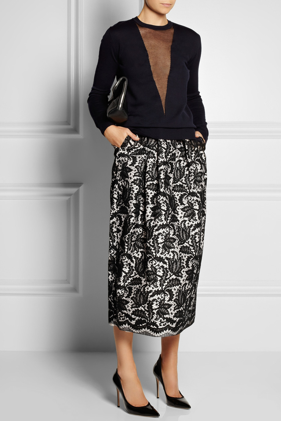 Adam lippes Bonded Lace and Silk Midi Skirt in Black | Lyst