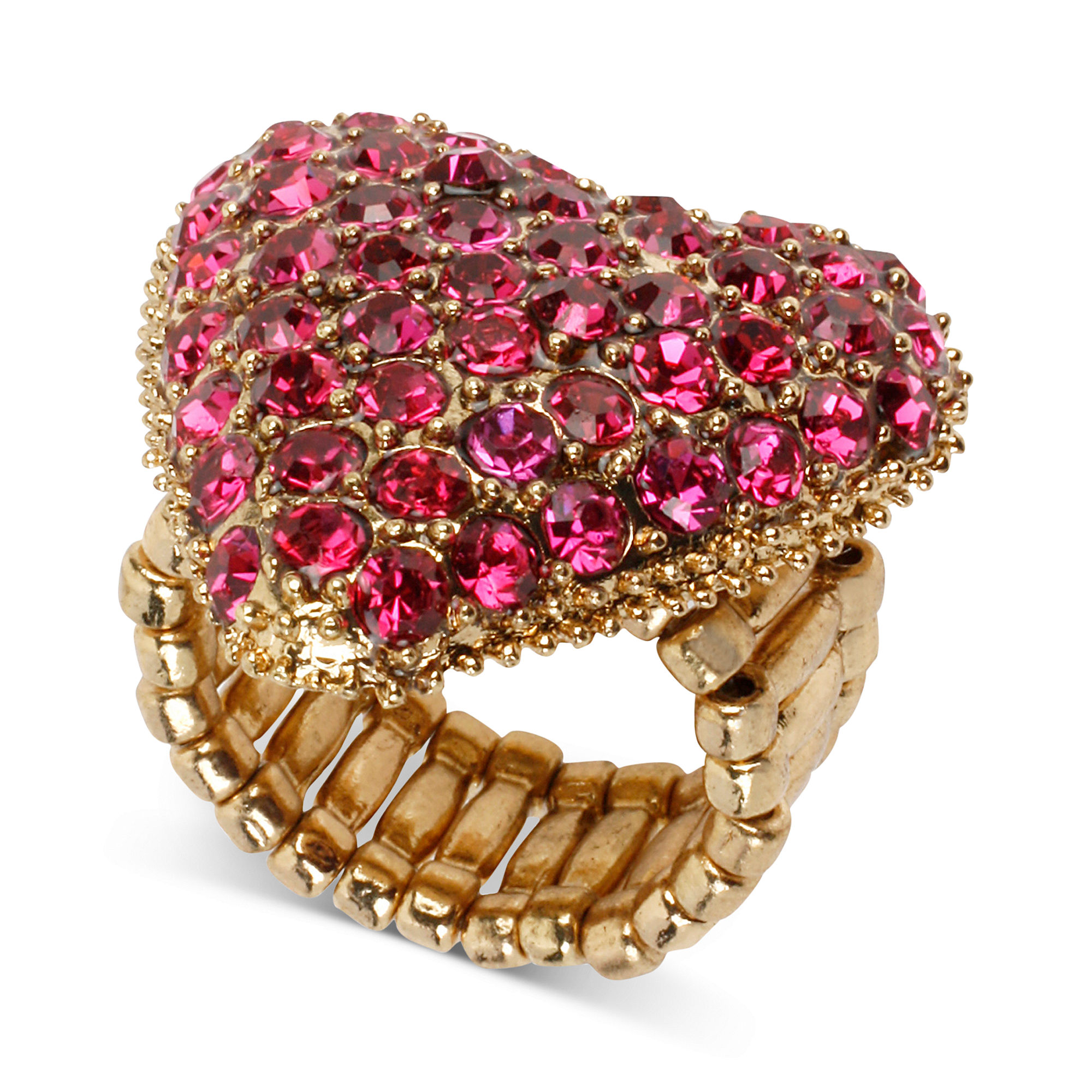 Betsey Johnson Gold Tone Fuchsia Crystal Heart Stretch Ring in Pink (No ...