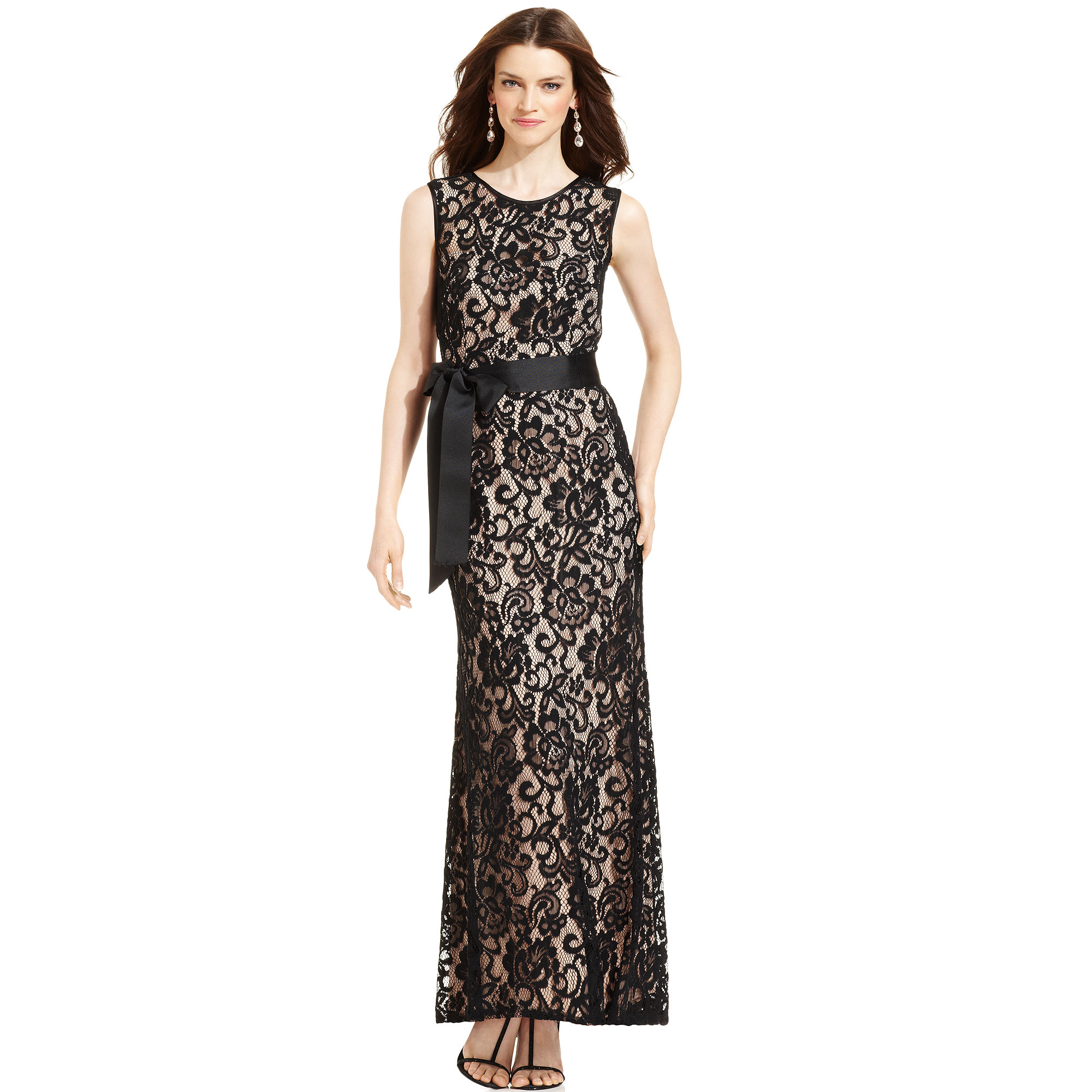 Lyst - Betsy & Adam Betsy and Adam Dress Sleeveless Belted Lace Gown in ...