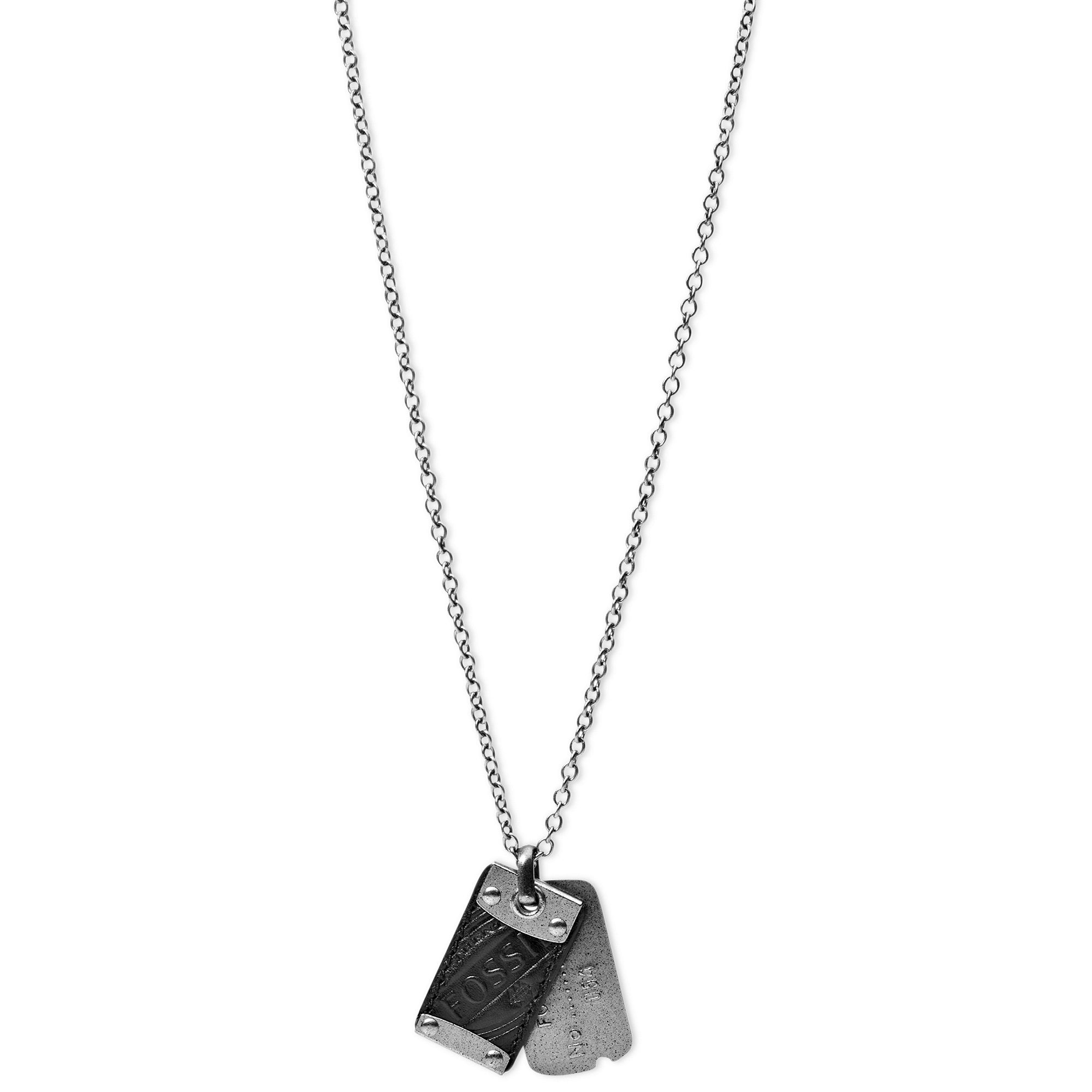Fossil Silver Tone Black Leather Double Dog Tag Necklace in Metallic for Men Lyst