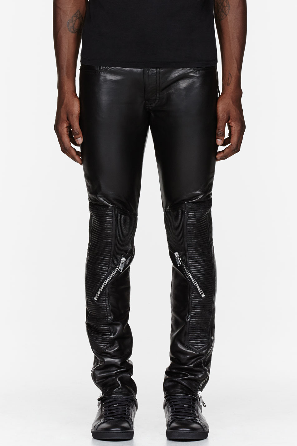 Lyst - Saint Laurent Black Leather Ribbed and Zippered Biker Pants in ...