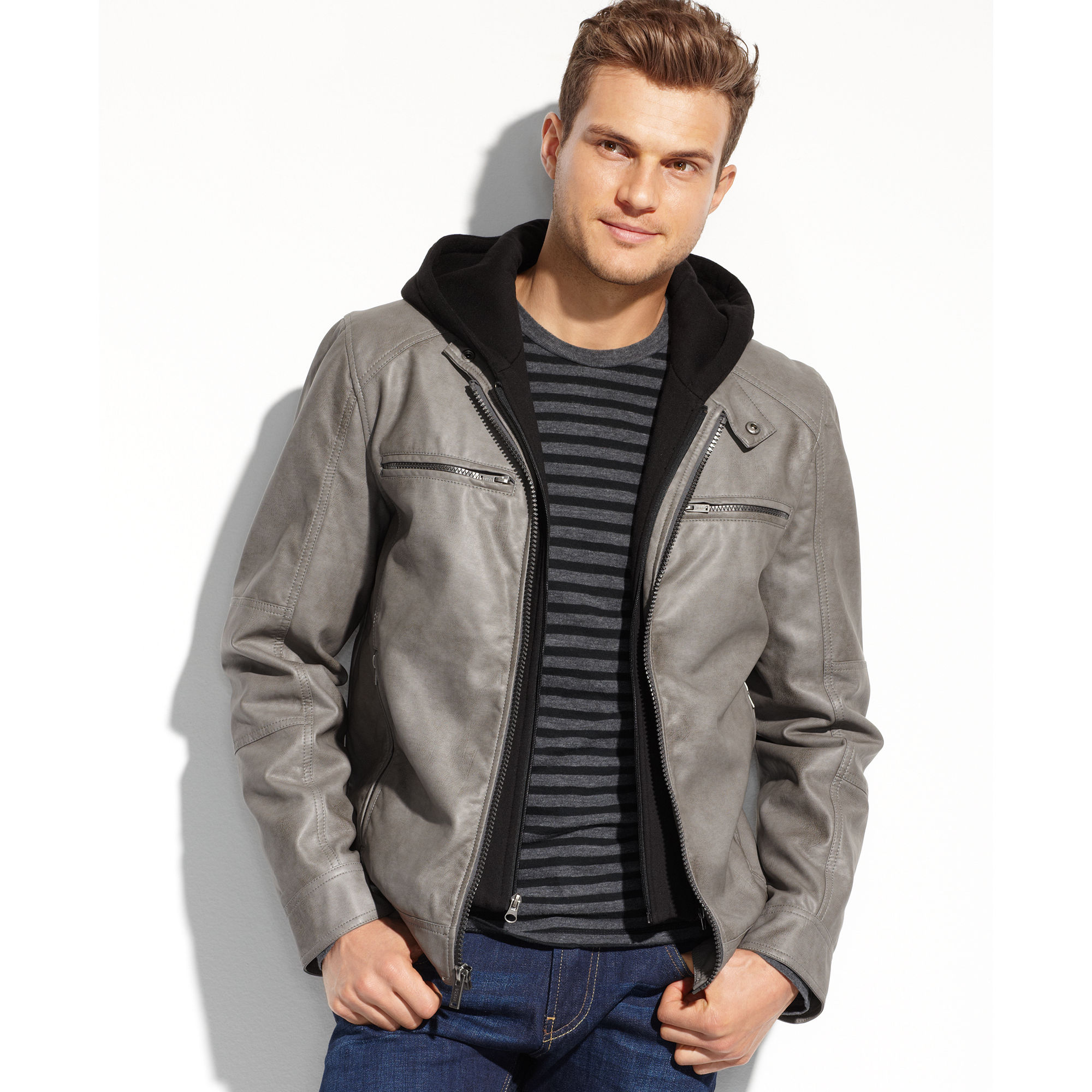Guess Faux Leather Hooded Moto Jacket in Gray for Men (Black) | Lyst