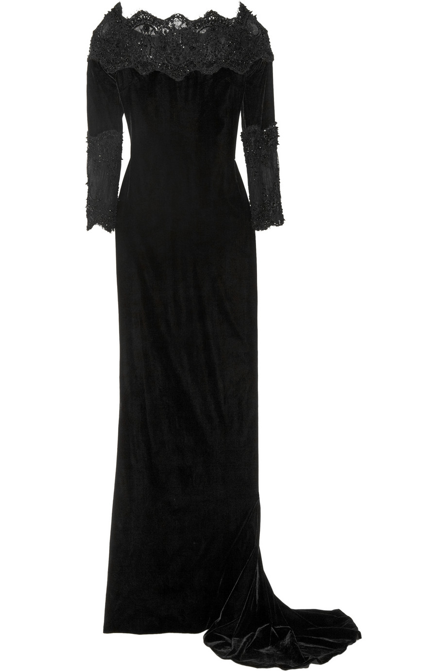 Lyst - Marchesa Embellished Lace trimmed Velvet Gown in Black