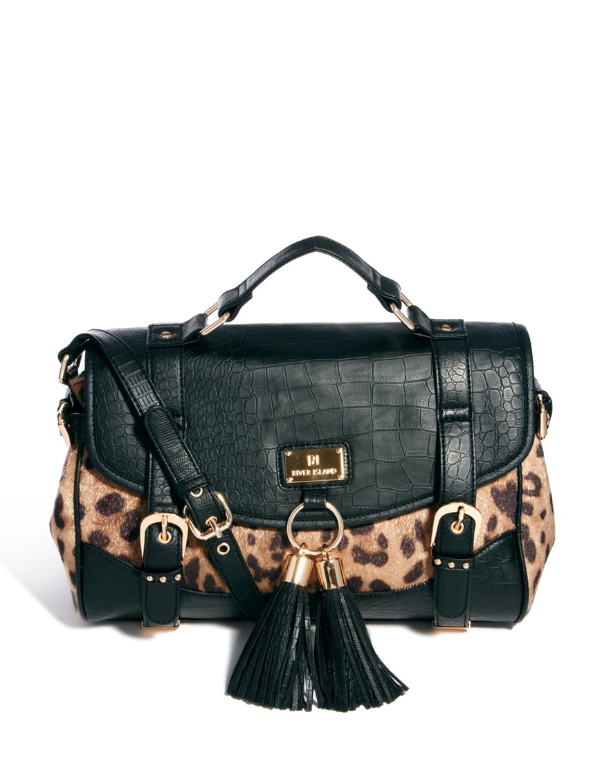 River Island Leopard Print Satchel Bag In Black Lyst